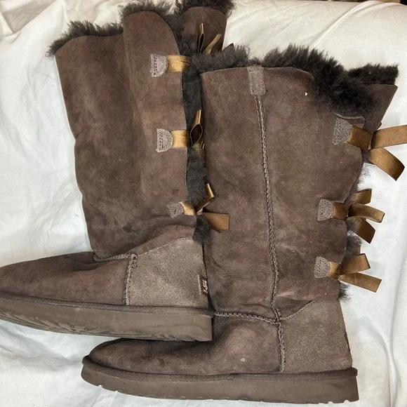 UGG Tall brown Suede Winter Boots BAILEY BOW II Triple Bows - Picture 2 of 8